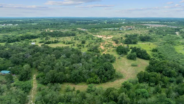 an aerial view of residential houses with outdoor space and trees