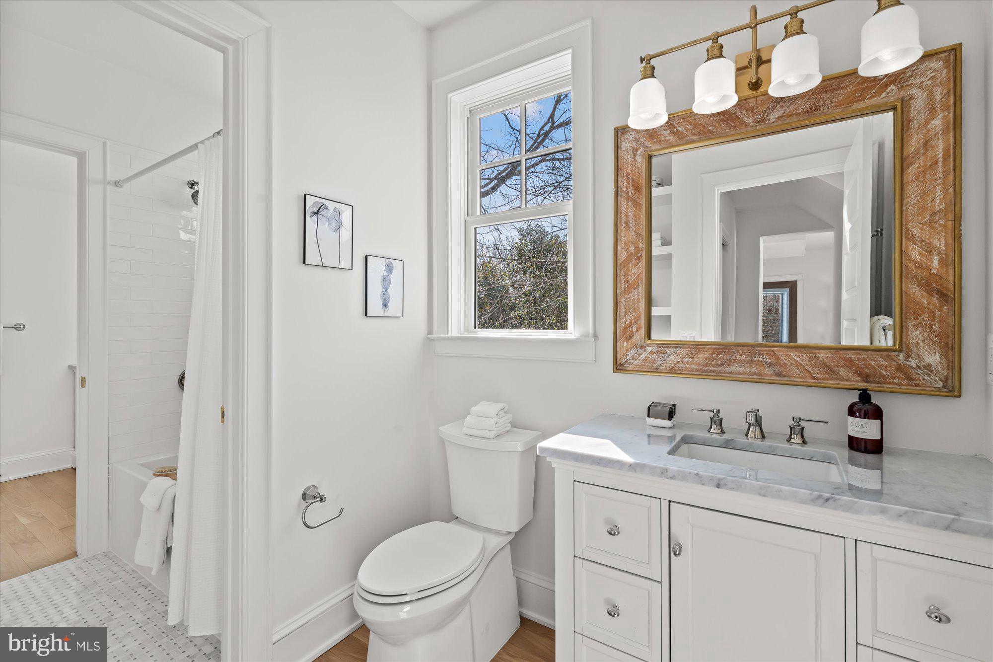 3612 North Glebe Road Arlington, VA 22207 - Photo 60 of 83 a bathroom with a granite countertop toilet a sink and a mirror