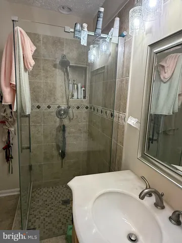 a bathroom with a sink and shower