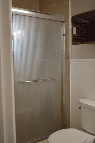 a bathroom with a toilet and a shower