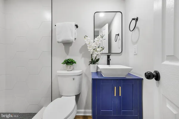 a bathroom with a sink a toilet and shower curtain