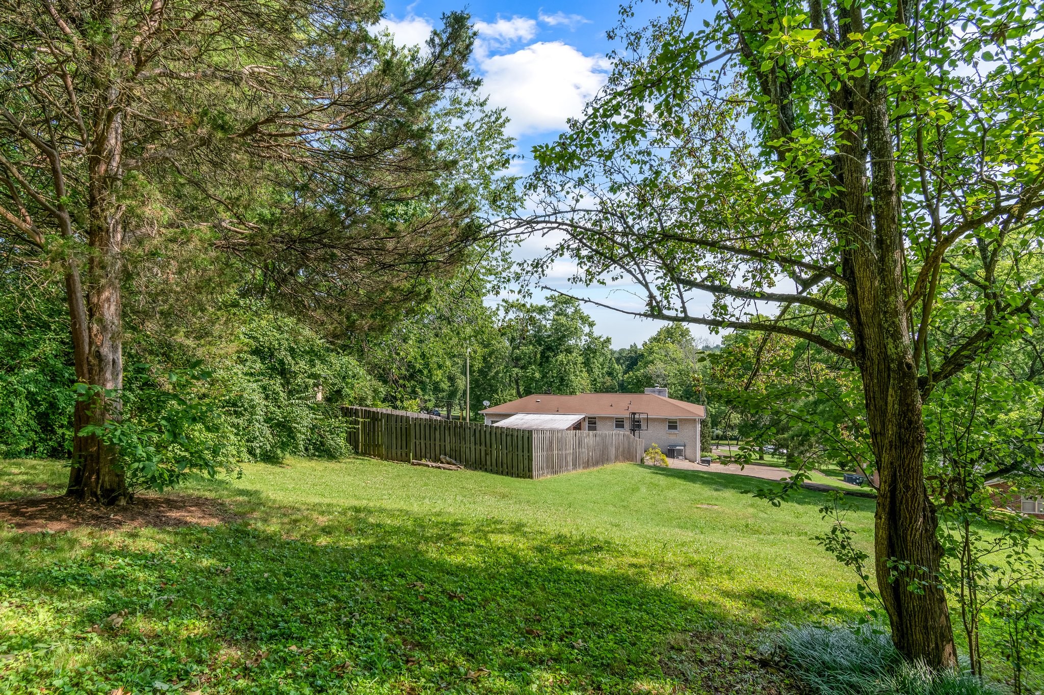 5121 Hilson Road Nashville, TN 37211 - Photo 62 of 63 View from the tree line at the top of the cleared backyard, showing the back of the house and the fenced in section of the backyard