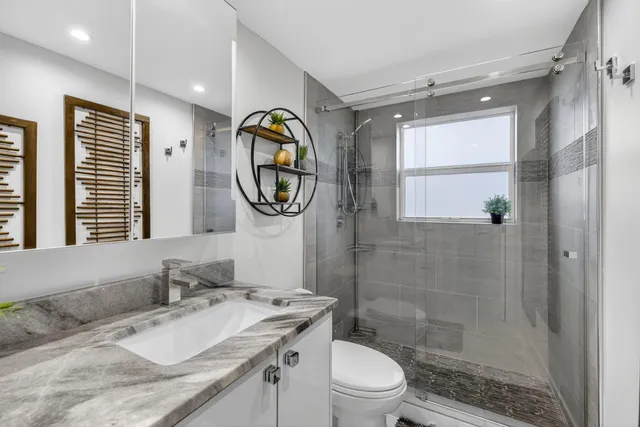 a bathroom with a granite countertop toilet a sink and a mirror