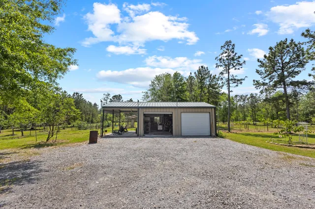 a view of a park with large trees