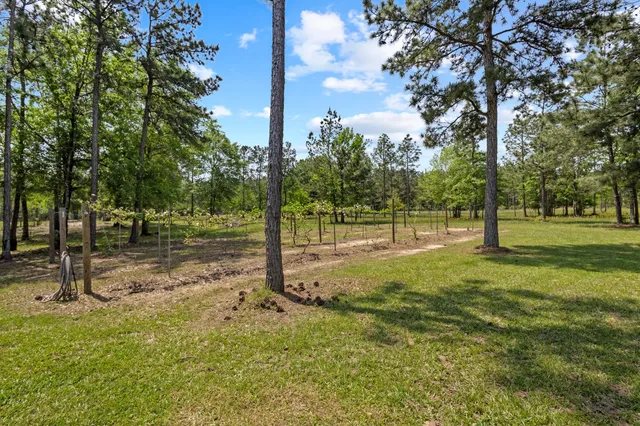 a view of a house with backyard and sitting area