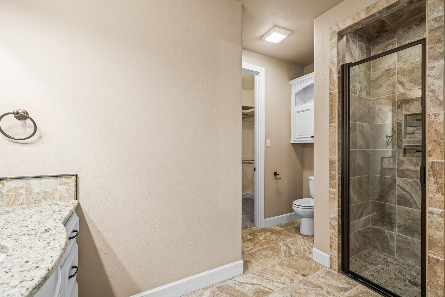 4509 103rd Street Lubbock, TX 79424 - Photo 46 of 94 a bathroom with a granite countertop shower and a toilet