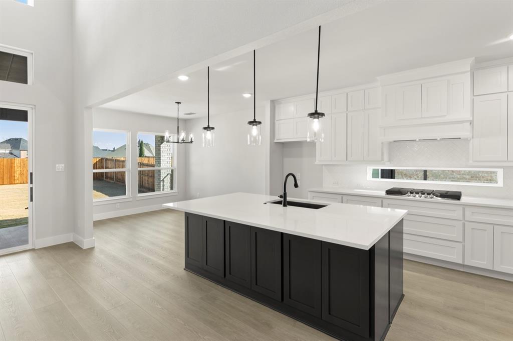 13709 Riola Drive Little Elm, TX 75068 - Photo 18 of 40 a kitchen with a sink a stove a refrigerator and white cabinets