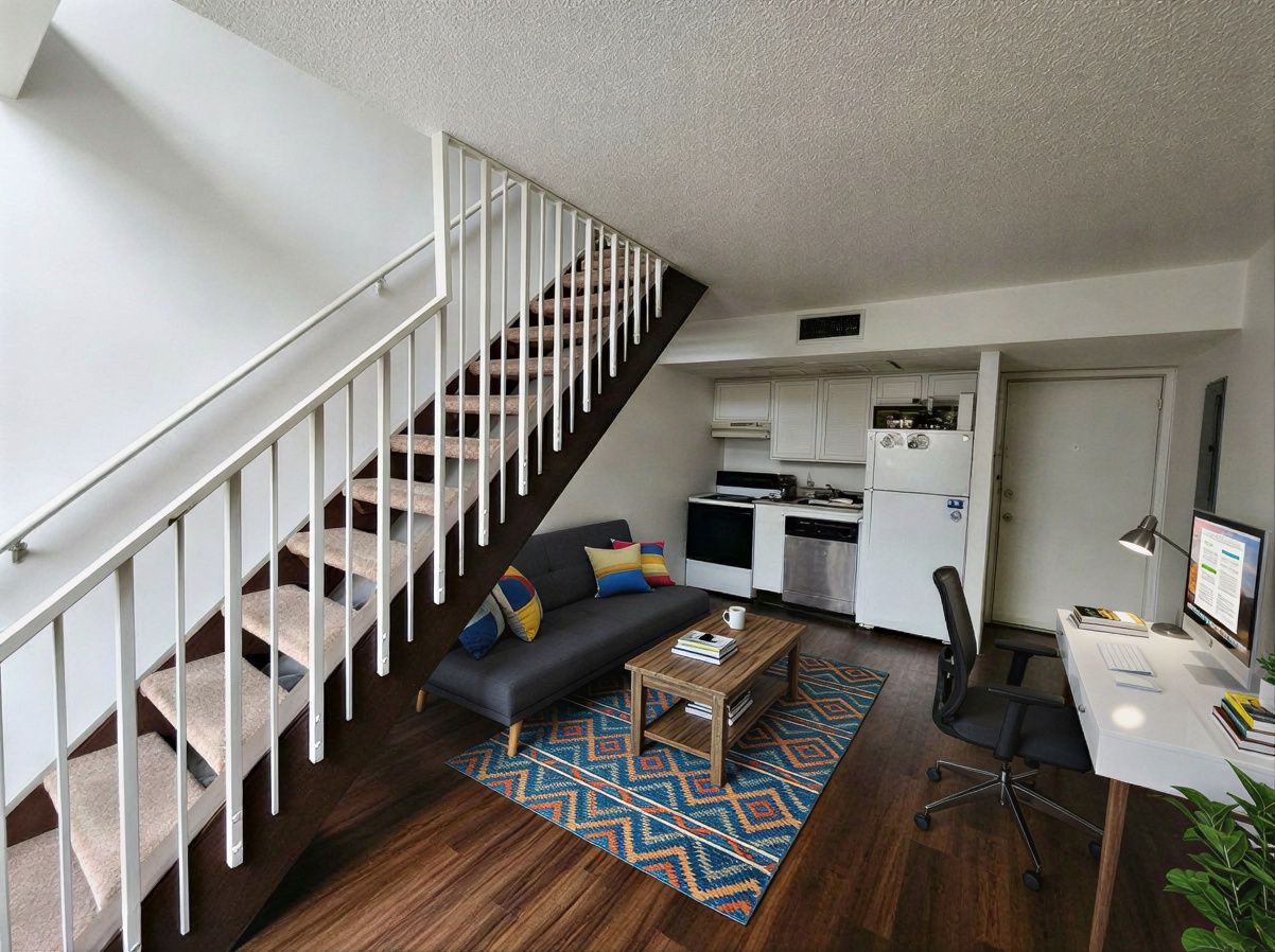 701 West 25th Street, Unit 1 Austin, TX 78705 - Photo 2 of 7 a living room with couches and kitchen view with wooden floor