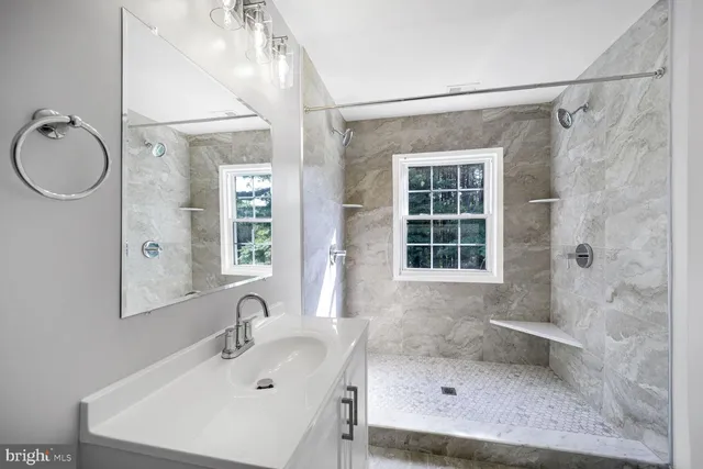 a bathroom with a sink a mirror and a shower