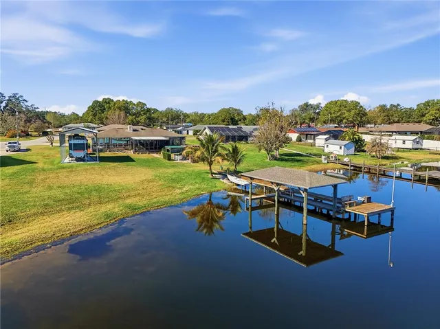 an aerial view of a swimming pool