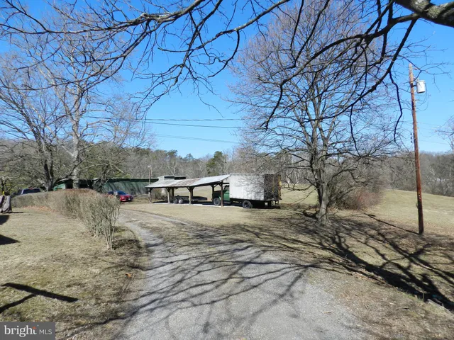 a view of a dry yard with trees