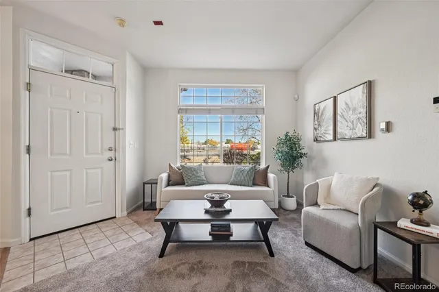 a living room with furniture a rug and a window