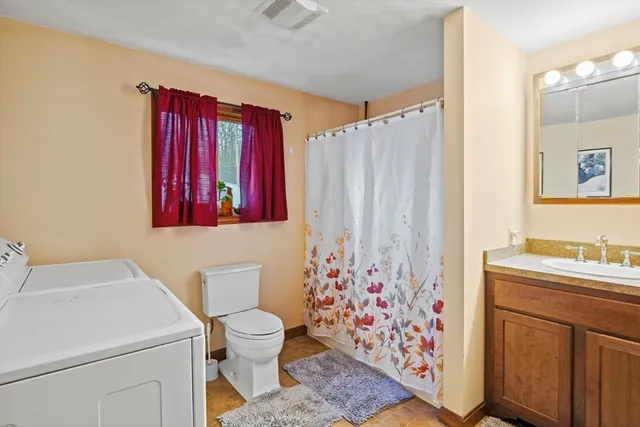 a bathroom with a sink toilet vanity and shower