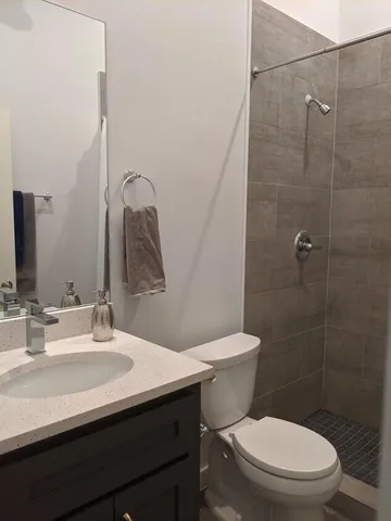 a bathroom with a sink a toilet a mirror and shower