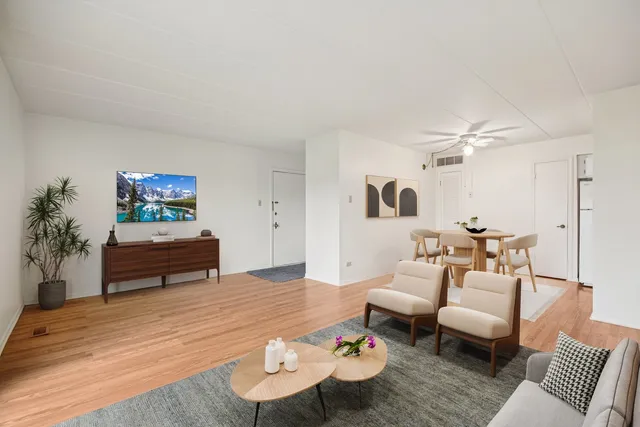 a living room with furniture and a potted plant