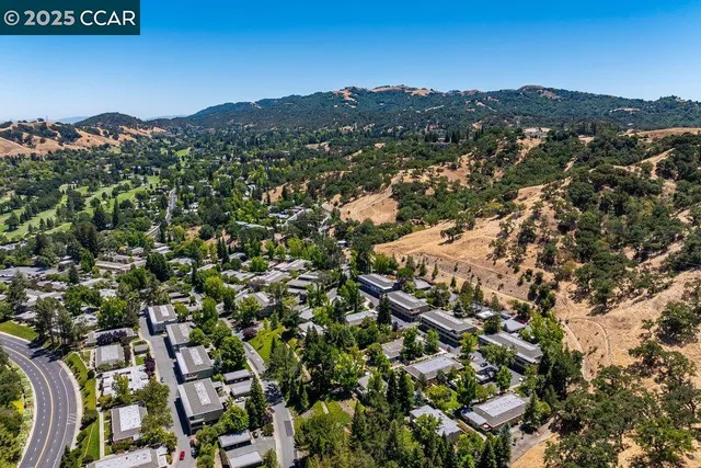 an aerial view of residential houses with city view