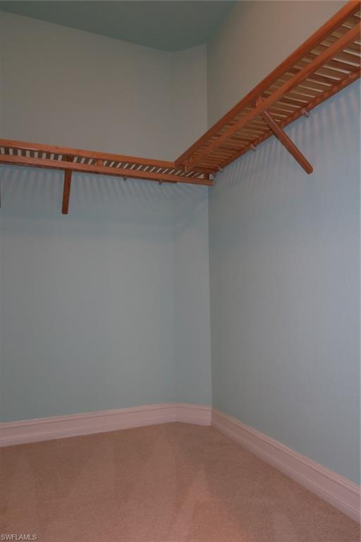 7168 Lemuria Circle, Unit 1701 Naples, FL 34109 - Photo 19 of 39 Walk-in closet featuring light blue walls, wood shelving, white baseboards, and neutral-toned carpeting