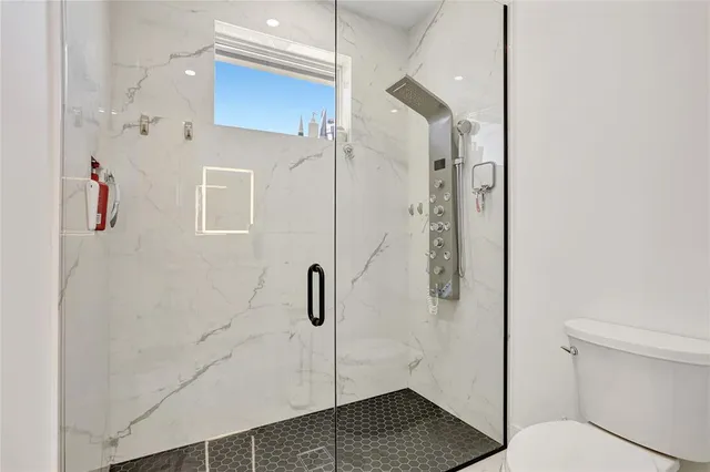 a bathroom with a shower and toilet