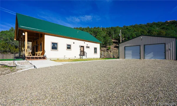 front view of a house with a patio