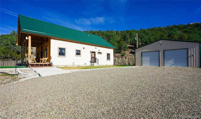 front view of a house with a patio