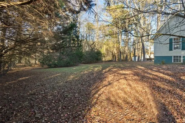 a view of backyard of house with green space