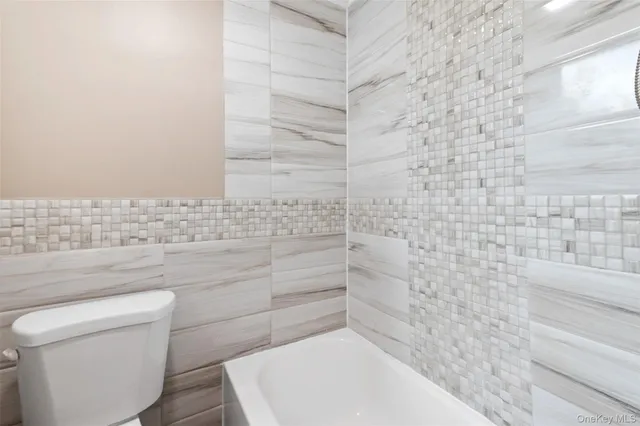 a bathroom with a white toilet and a bathtub