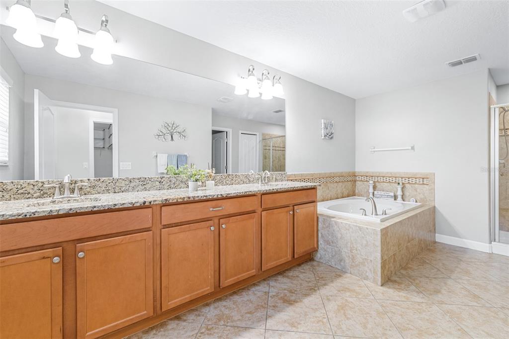 1762 Hadden Hall Place Trinity, FL 34655 - Photo 23 of 49 a bathroom with a granite countertop double vanity sink a mirror and a bathtub
