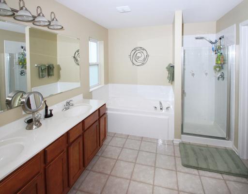 13523 Marigold Road Plainfield, IL 60544 - Photo 10 of 16 a bathroom with a double vanity sink a mirror a bathtub and shower