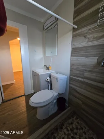 a bathroom with a toilet and a shower