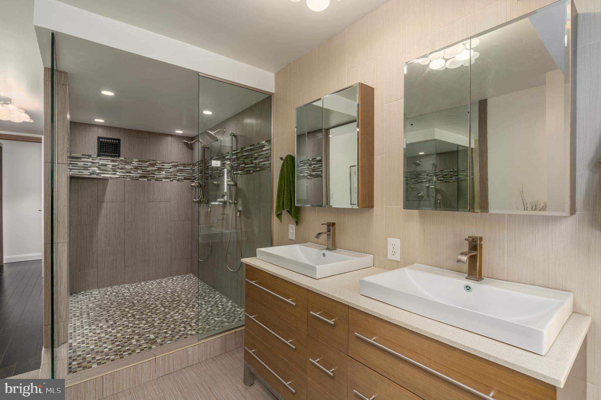550 N Street Southwest, Unit S201 Washington, DC 20024 - Photo 27 of 63 a bathroom with a double vanity sink mirror and shower