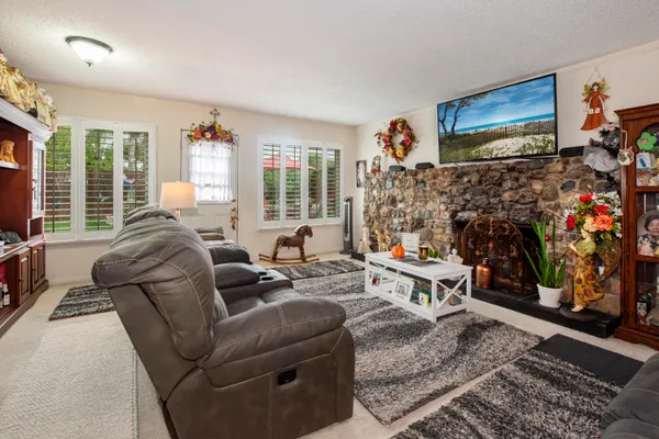 a living room with furniture a flat screen tv and a fireplace