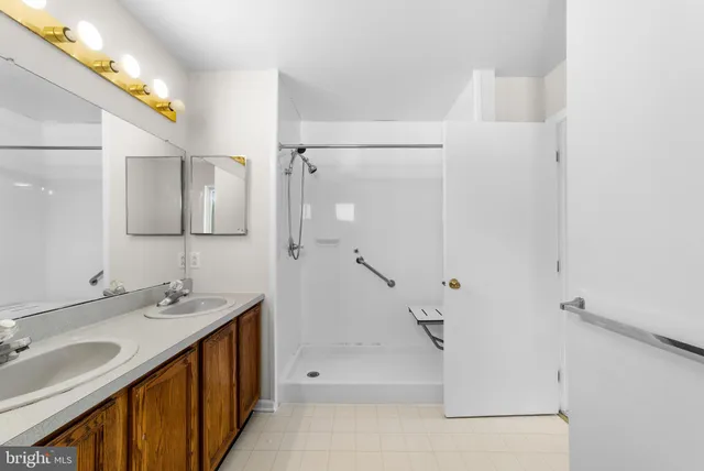 a bathroom with a double vanity sink a mirror and a bathtub