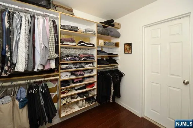 a view of walk in closet with clothes and shoes