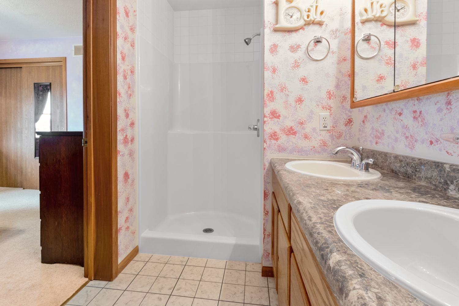 6771 Friday Road Byron, IL 61010 - Photo 13 of 25 a bathroom with a granite countertop sink a mirror and shower