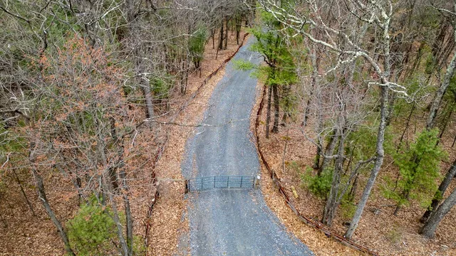 a view of a yard with plants and brick wall