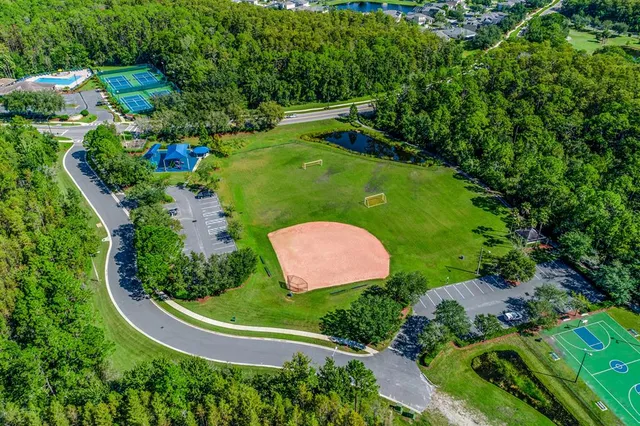 an aerial view of a house with a yard