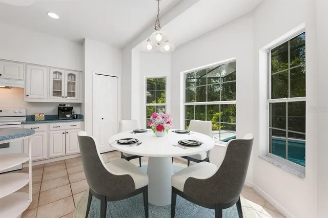 a view of a dining room with furniture window and outside view