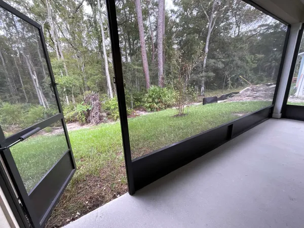 a view of a yard with large trees