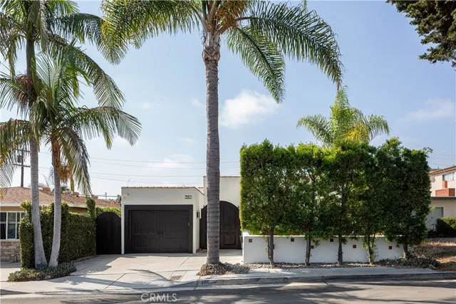 a view of a palm tree in front of a house