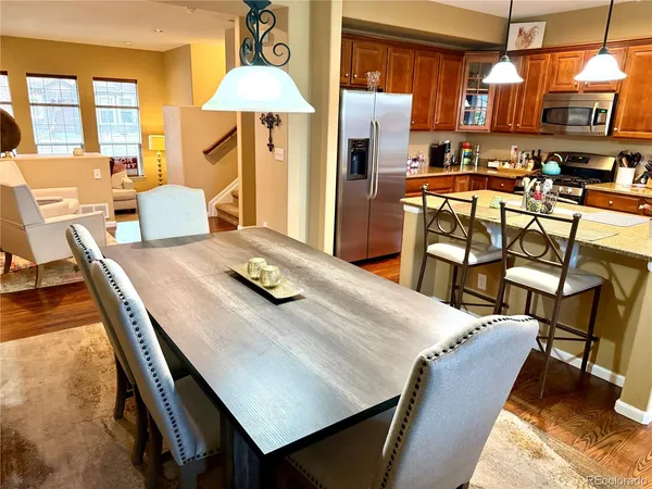 a view of a dining room with furniture