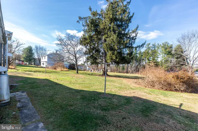 a view of yard with swimming pool and trees