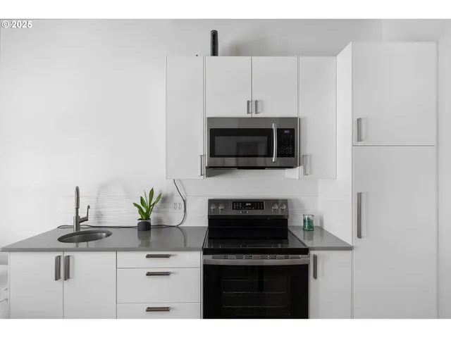 a kitchen with appliances a sink and cabinets
