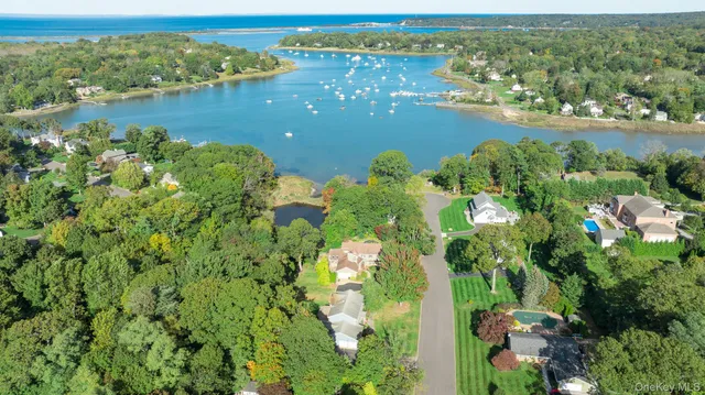 an aerial view of lake residential house with outdoor space and trees all around