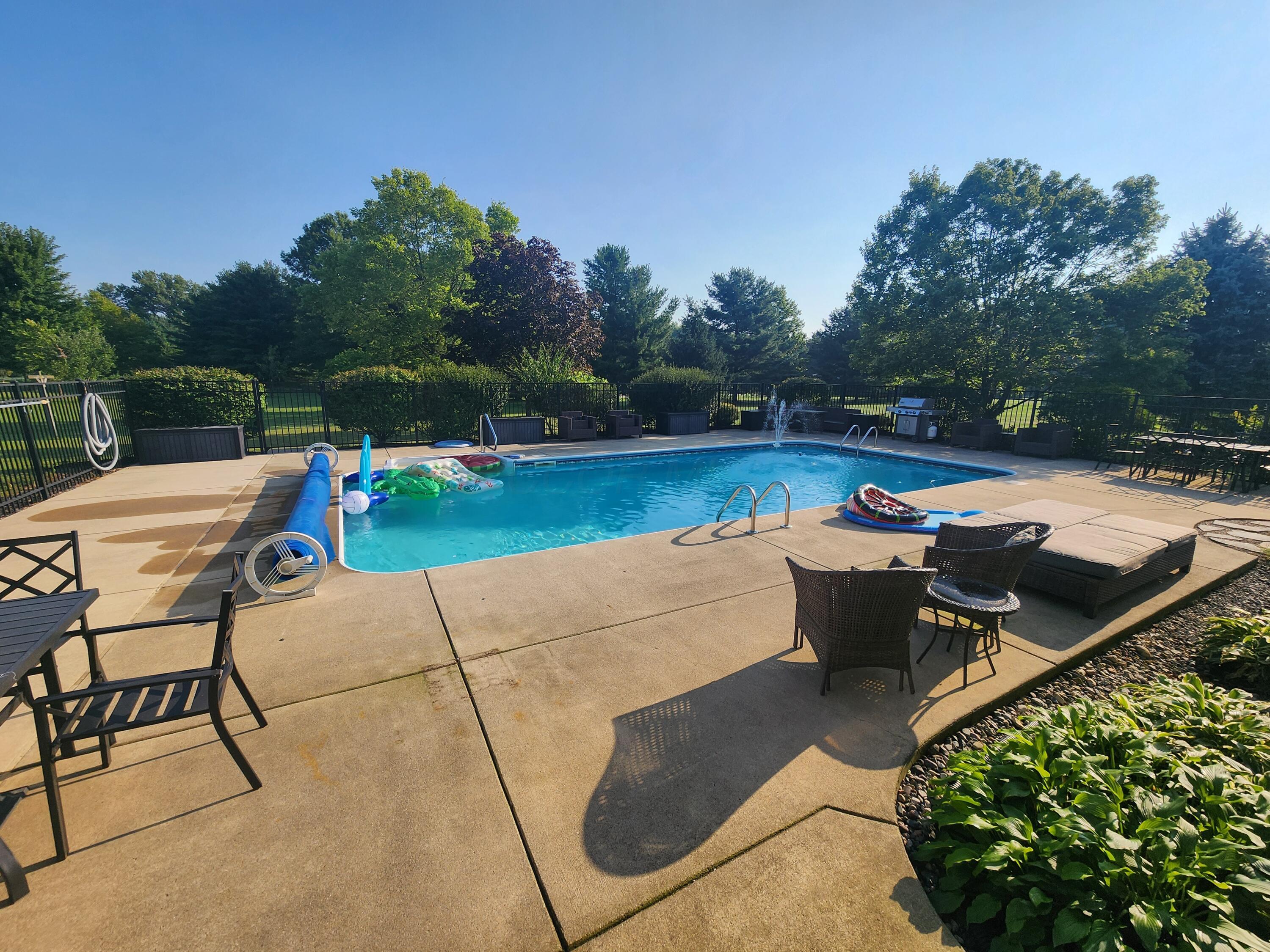 1364 Dale Ford Road Delaware, OH 43015 - Photo 96 of 112 • Concrete surround • New pool pump ~ 2023 • Rebuilt heater ~ 2024 (natural gas fueled) • Aluminum fenced yard • Flood lights • Two person hot tub