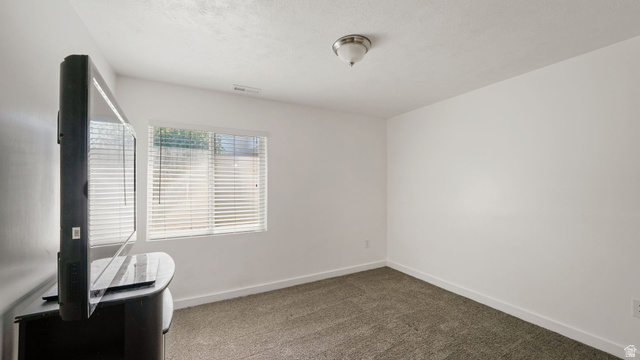 6062 Spring Street Stansbury Park, UT 84074 - Photo 19 of 36 Spacious interior room featuring a neutral color palette, window with horizontal blinds, overhead ceiling light fixture, and textured carpeting