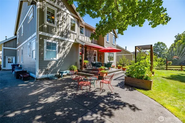 an outdoor space with seating area