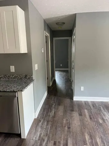 a view of a hallway with wooden floor and cabinets