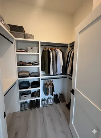 a view of walk in closet with clothes and shoes