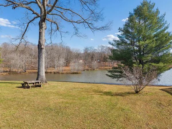 a view of a lake with houses in the back