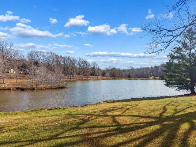 a view of a lake with houses in the back